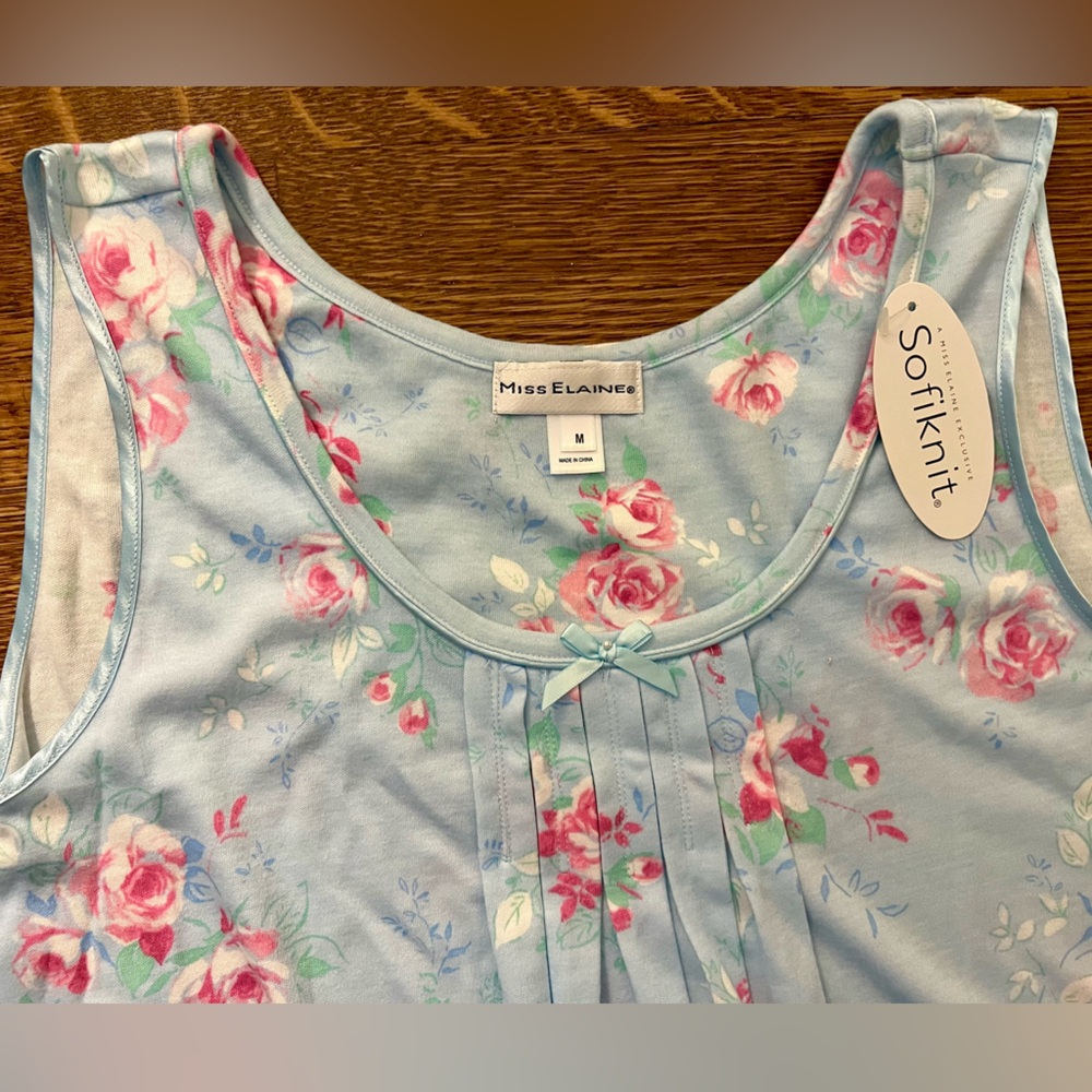 Miss Elaine NWT Blue Nightgown with Pink Roses M Sofiknit fabric